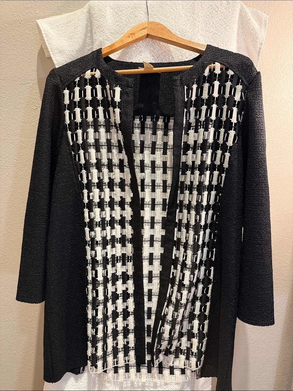Chico's Black and White Open-Front Textured Jacket